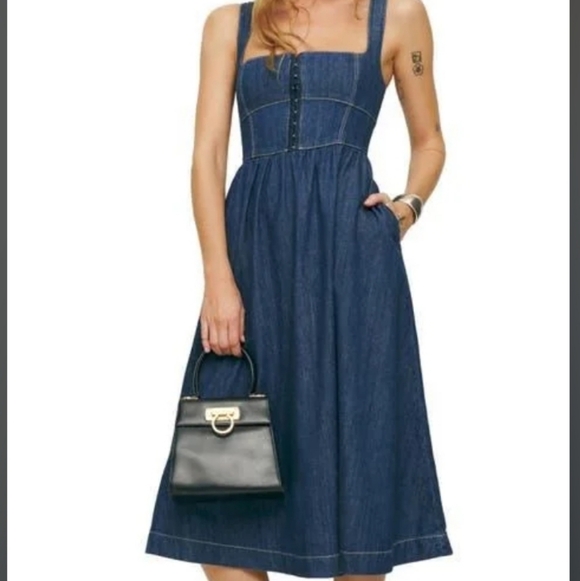 Reformation Tagliatelle Denim Midi Dress Ellis Size 10 NWT - Picture 7 of 16